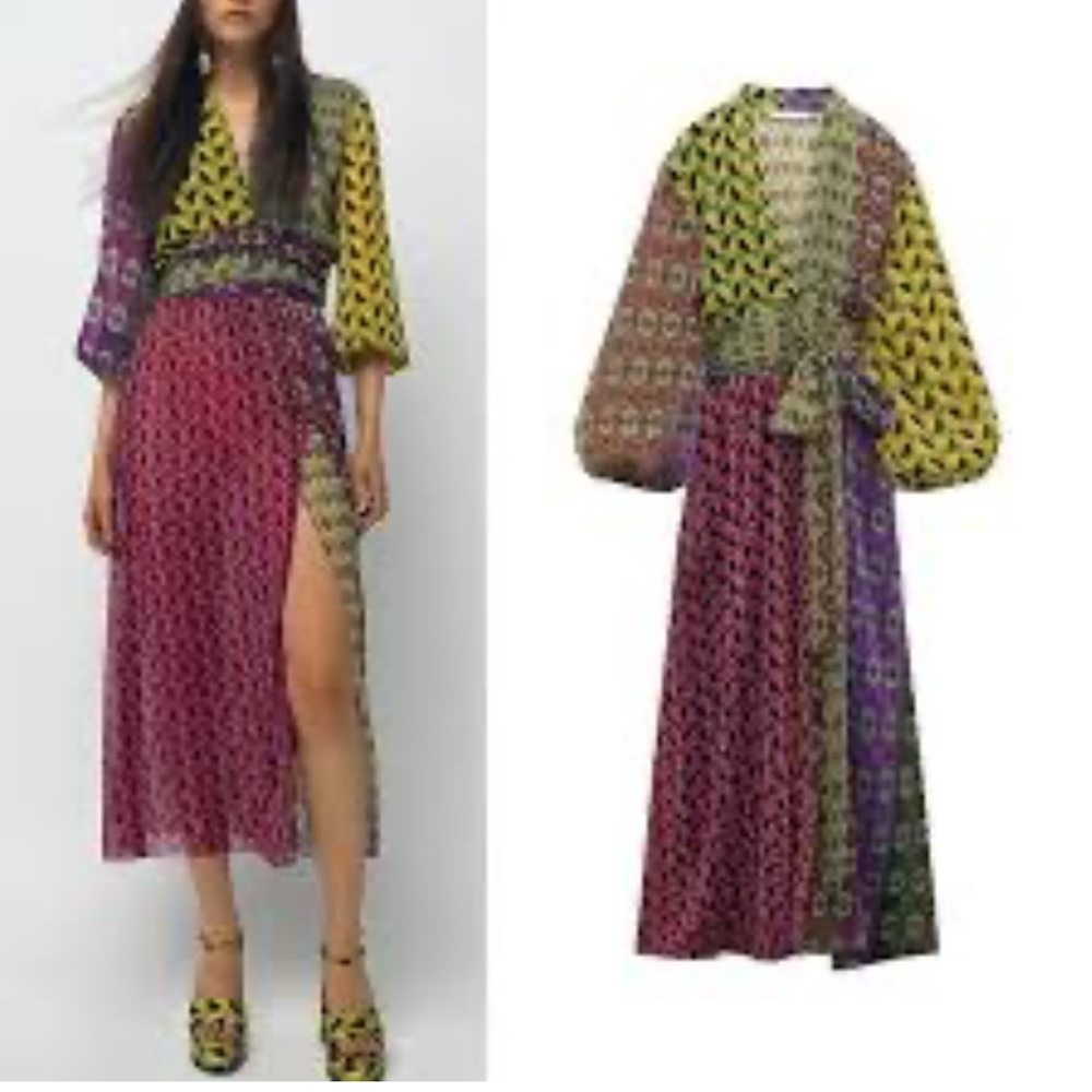 Zara Yellow and Magenta Patterned Wrap Midi Dress
